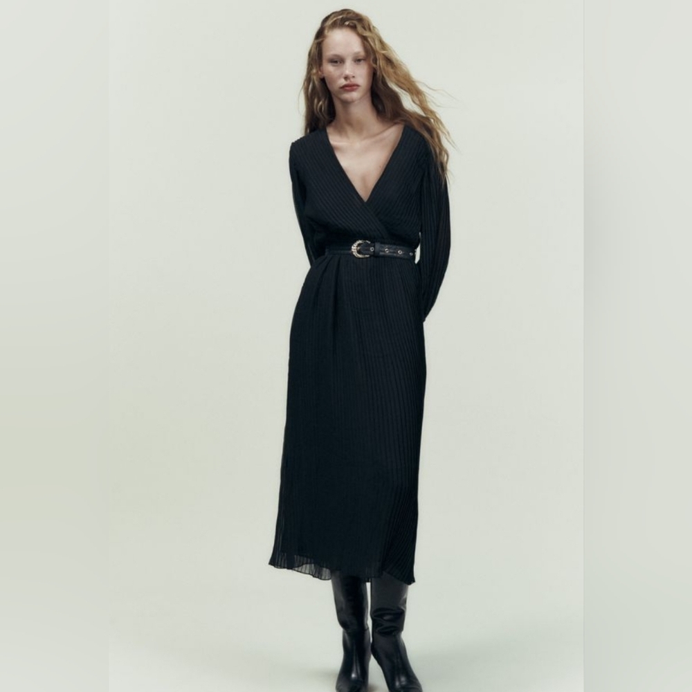 ZARA PLEATED MIDI DRESS WITH BELT
